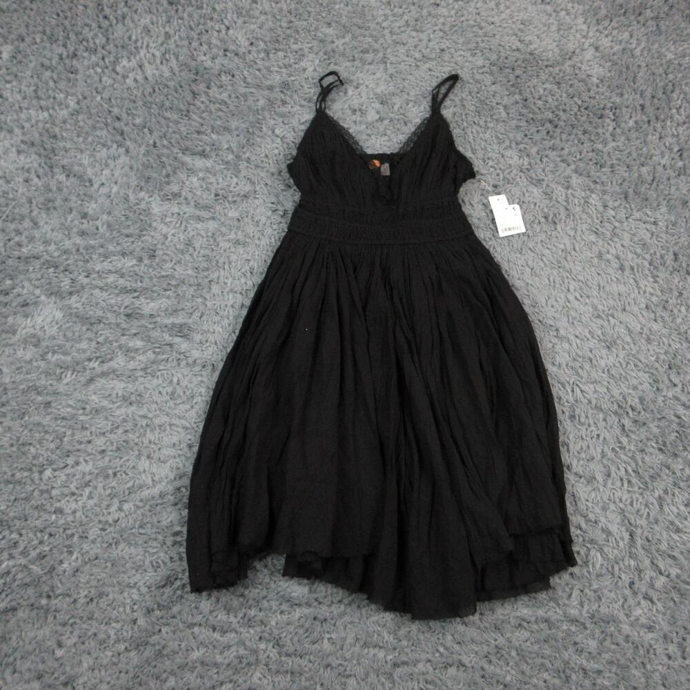 FP One Dress Womens XS Black Smocked Strappy V Neck Knee Length Sundress NWT